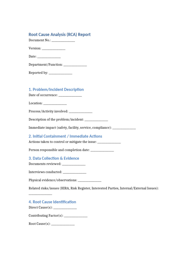 RCA Report Template for Safety Incidents | PDF