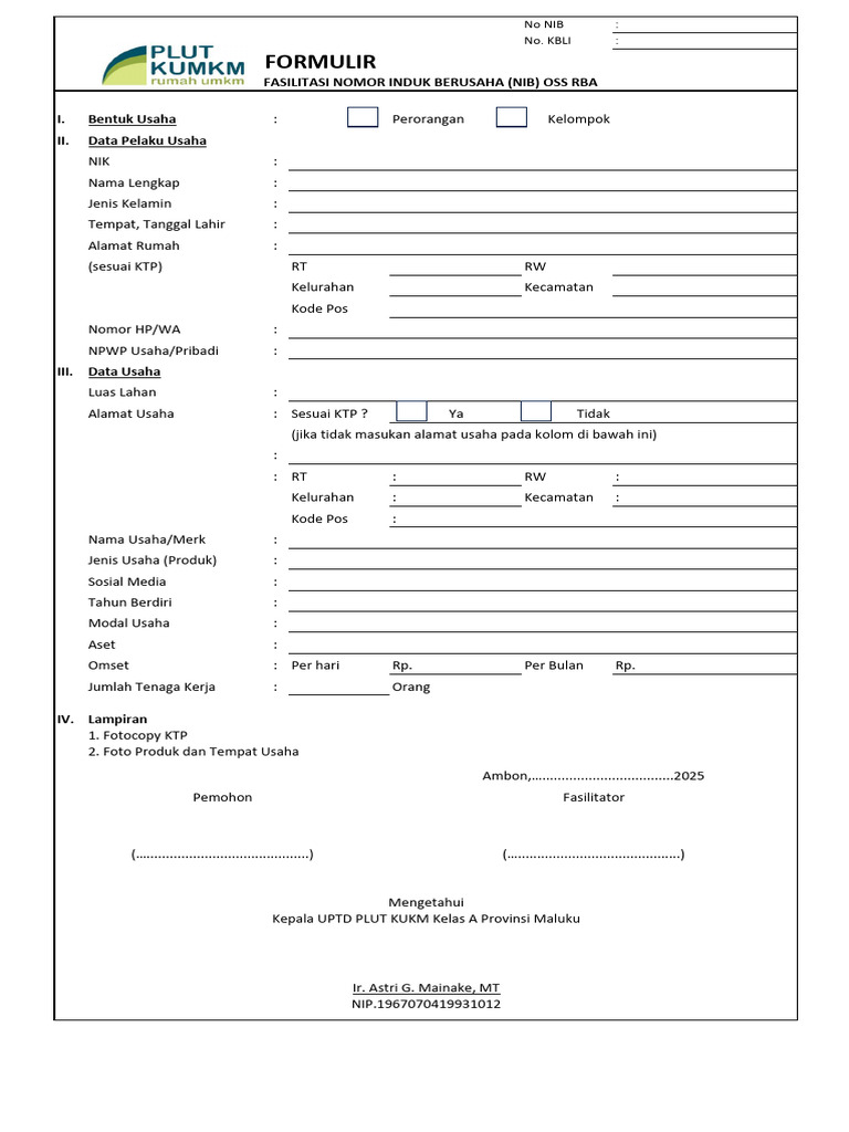 Formulir Fasilitasi NIB OSS RBA | PDF