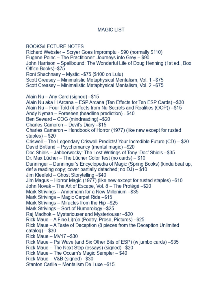 Magic List 08 06 2025 | PDF | Circus Skills | Tarot