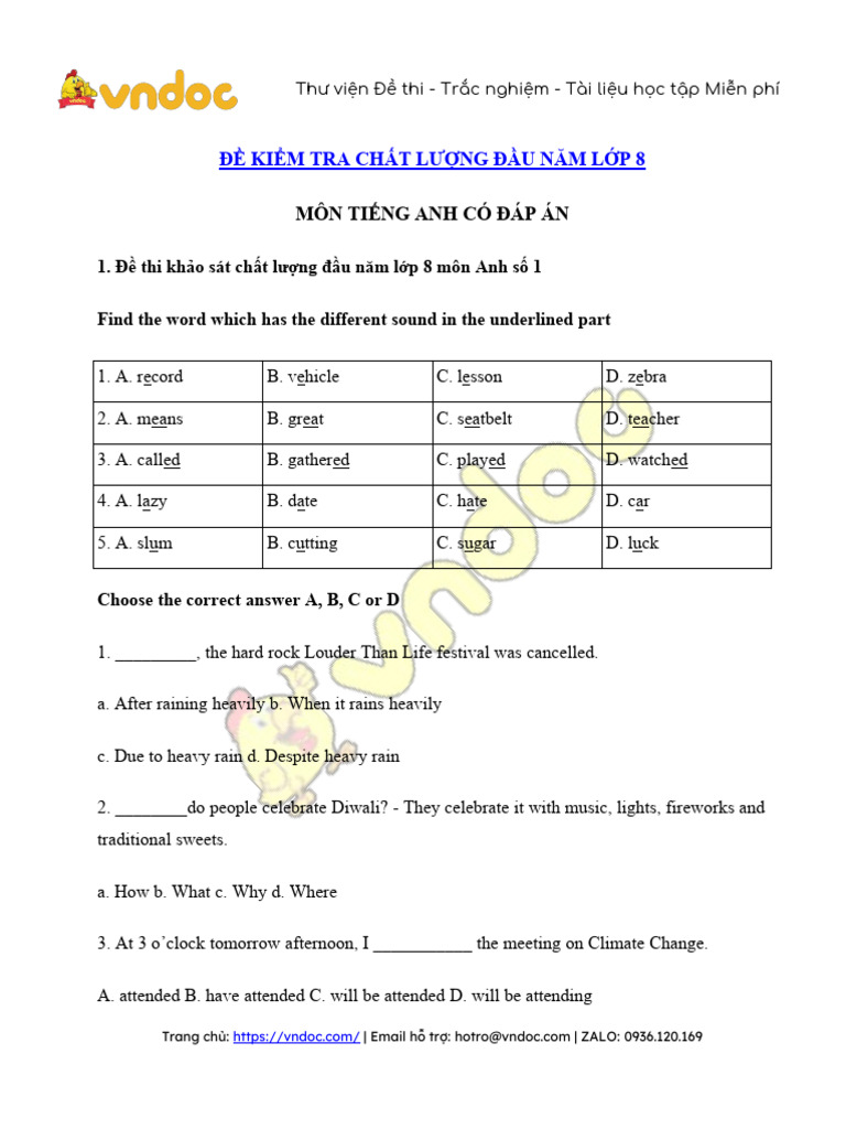 De Thi Khao Sat Chat Luong Dau Nam Mon Tieng Anh Lop 8 | PDF