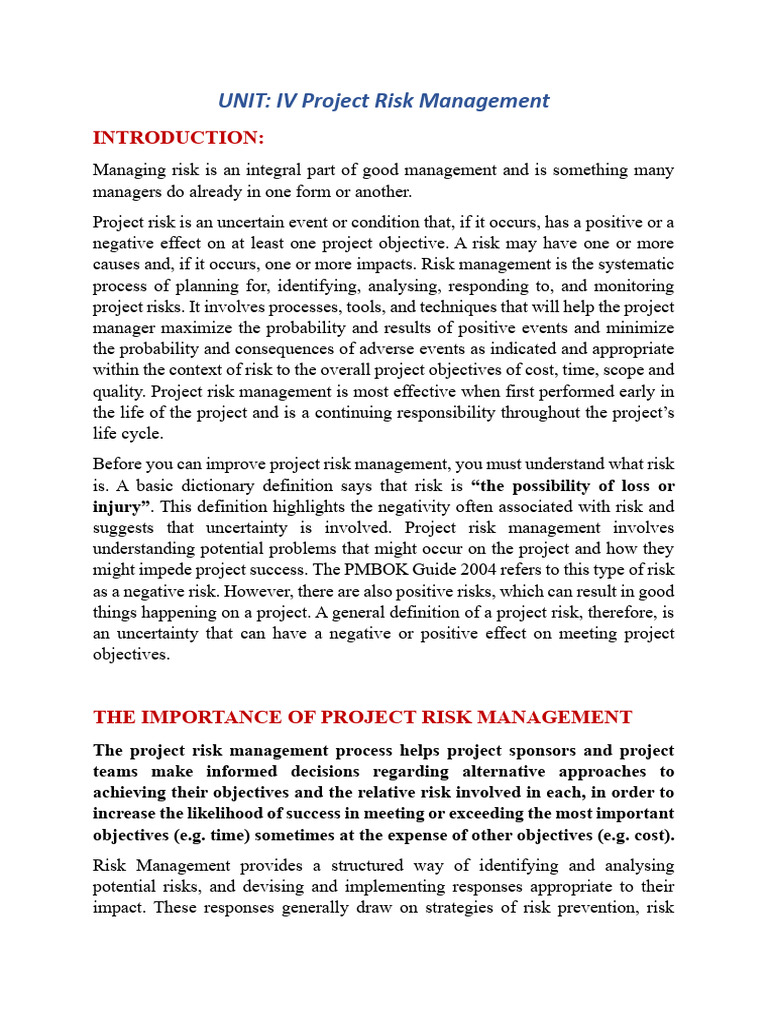 UNIT IV Risk Management | PDF | Risk | Risk Management