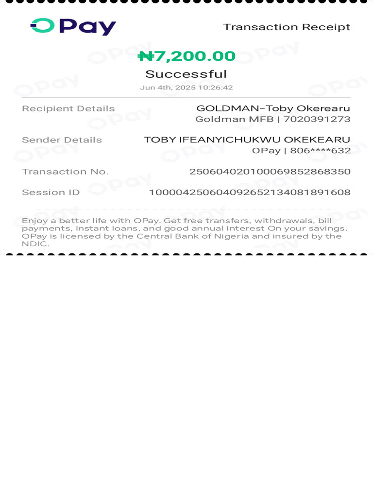 Transaction Receipt for OPay Transfer | PDF