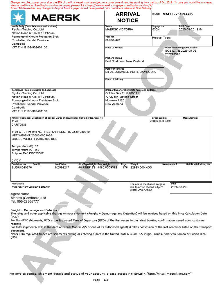 MAEU 257293395 Shipping Notice | PDF | Cargo | Shipping