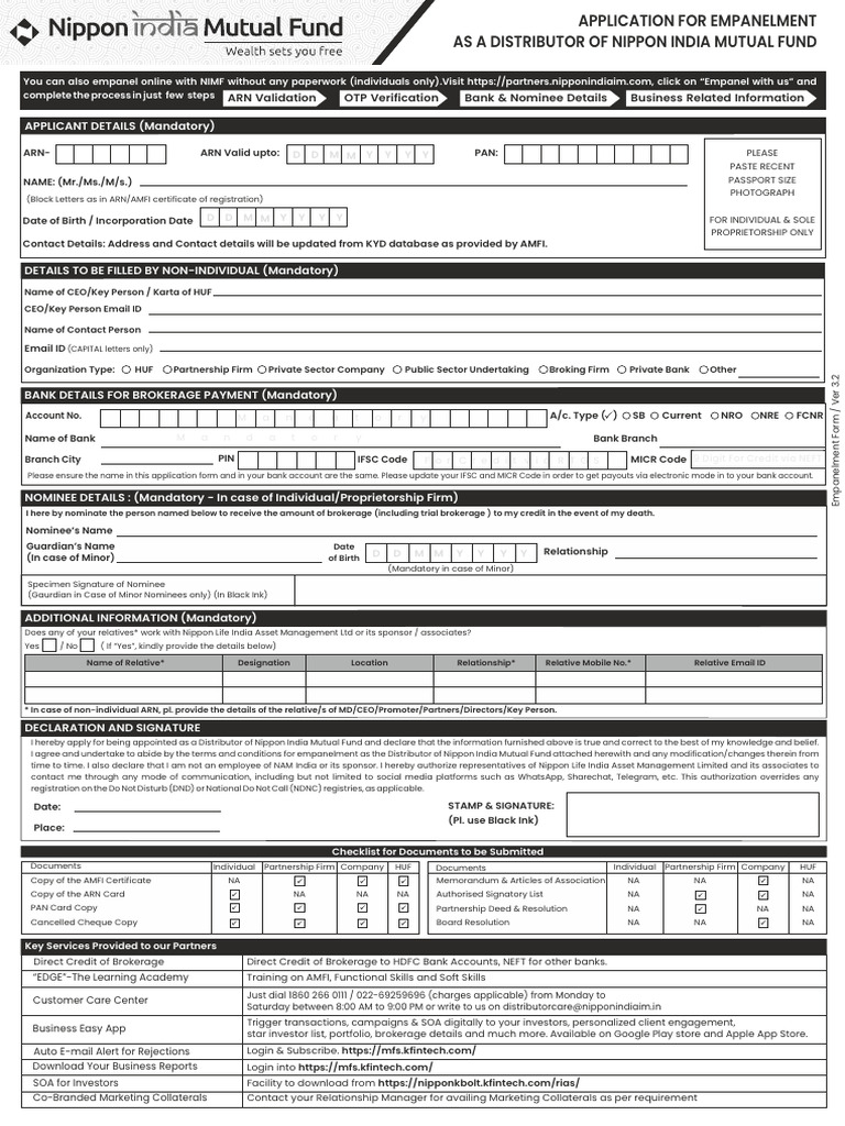 Nippon India Mutual Fund Distributor Application | PDF | Indemnity ...