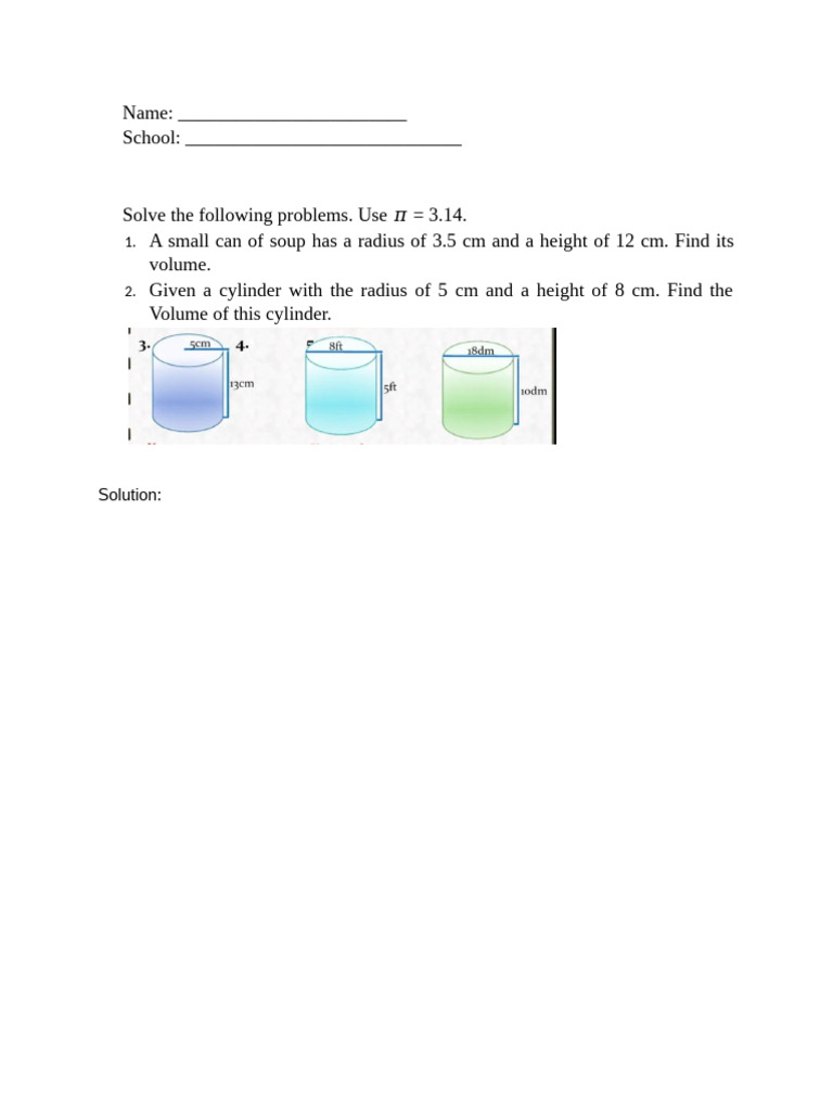 Cylinder Volume Calculation Worksheet | PDF