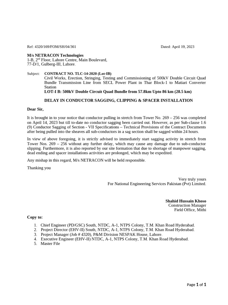 Letter No. 361 - Lot IB - Delay in Sagging, Clipping and Spacer ...
