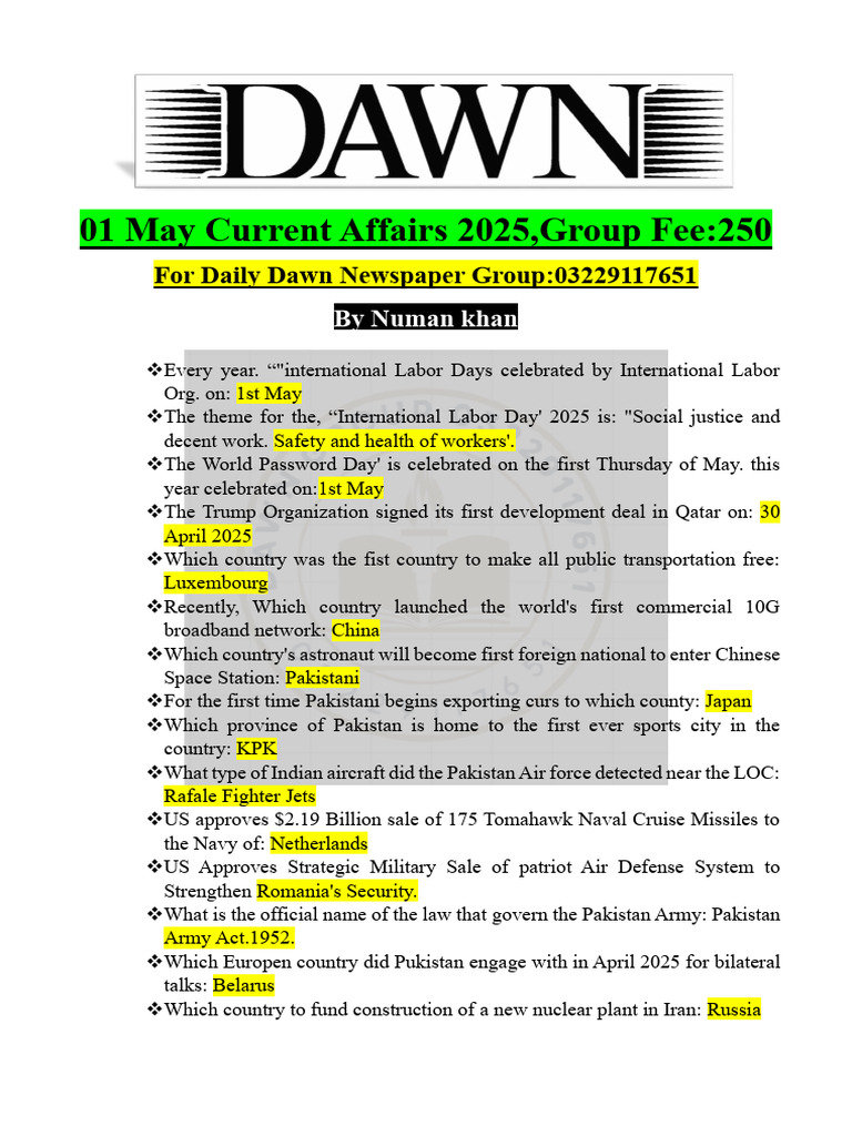 Current Affairs Pakistan - May 2025 | PDF | Pakistan | Global Politics