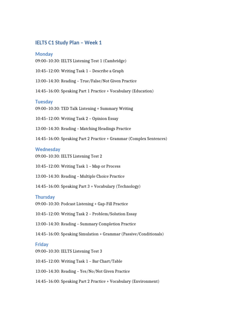 IELTS C1 Study Plan Overview | PDF