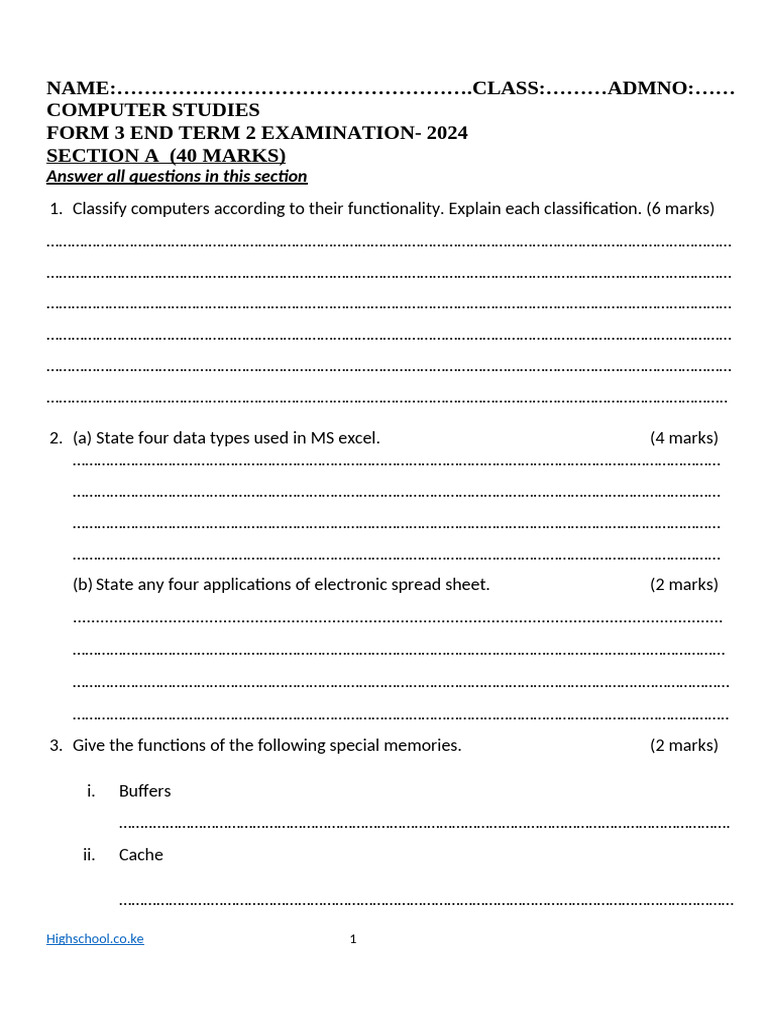 Computer Studies f3t2 Pp1 Qs 2024 Endterm 2 Exam | PDF | Computing ...