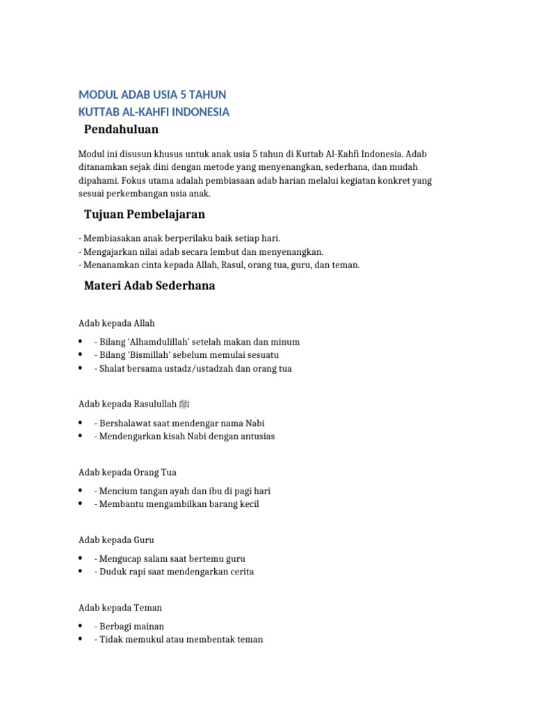 MODUL_ADAB_USIA_5_TAHUN_KUTTAB_AL_KAHFI | PDF