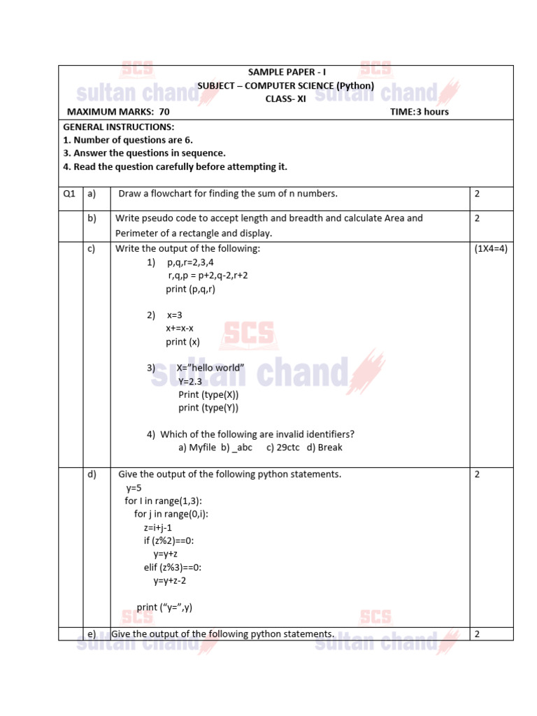 Class 11 Python Sample Paper | PDF | Computer Programming | Computer ...