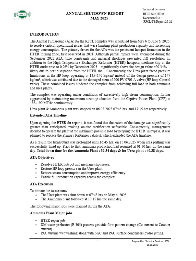 RFCL Annual Shutdown Report 2025 | PDF | Ammonia | Urea