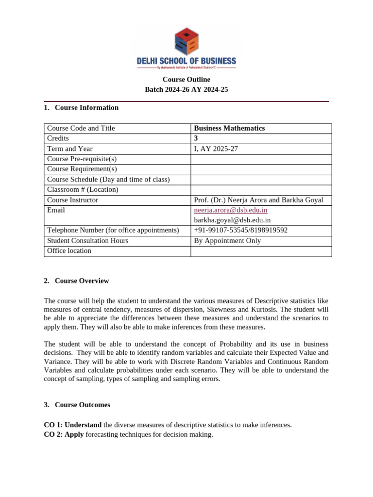 Business Mathematics Course Outline 2025-27 | PDF | Variance ...