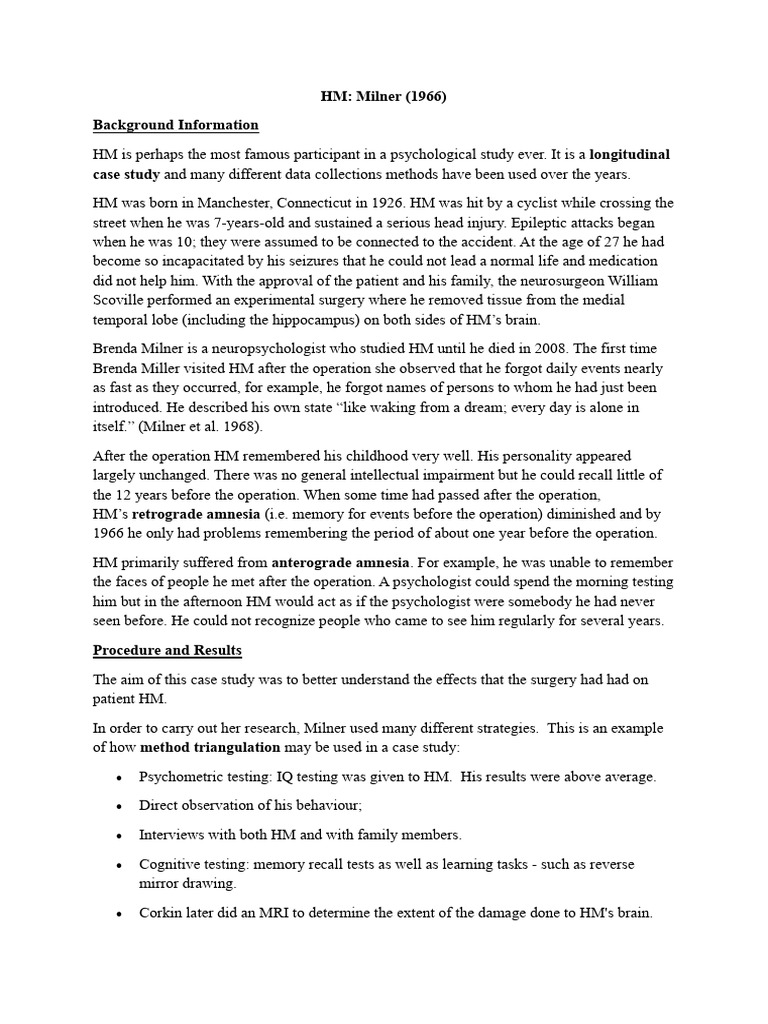 HM Case Study: Memory and Brain Function | PDF | Amnesia | Memory