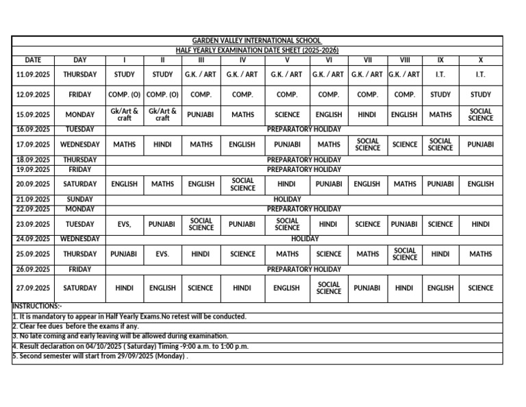 Half Yearly Exam Schedule 2025-2026 | PDF