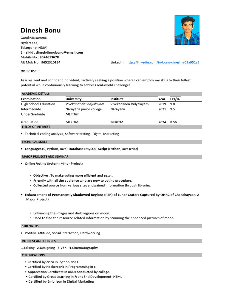 Dinesh Bonu's Academic Profile & Skills | PDF