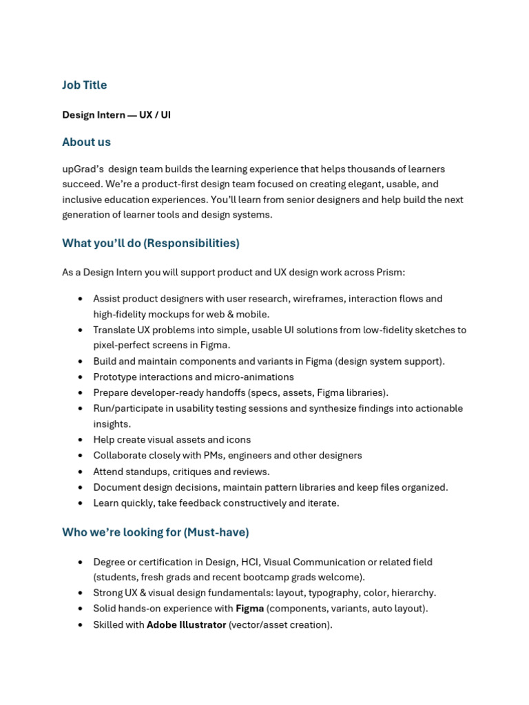 Design Intern Position at upGrad | PDF | Usability | Computing