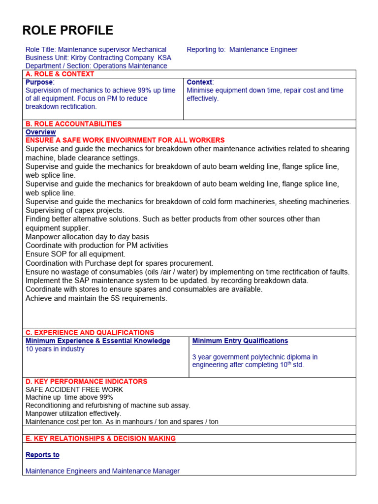 Maintenance Supervisor Mechanical JD | PDF | Business