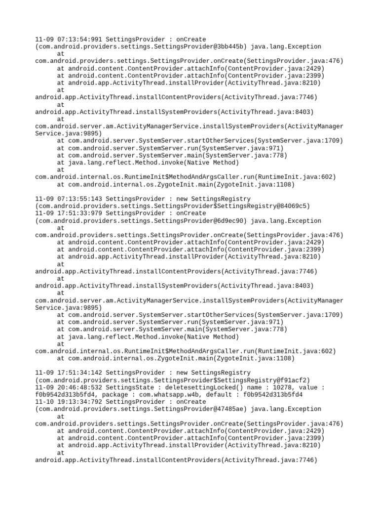 Android SettingsProvider Error Logs | PDF | Java (Programming Language ...