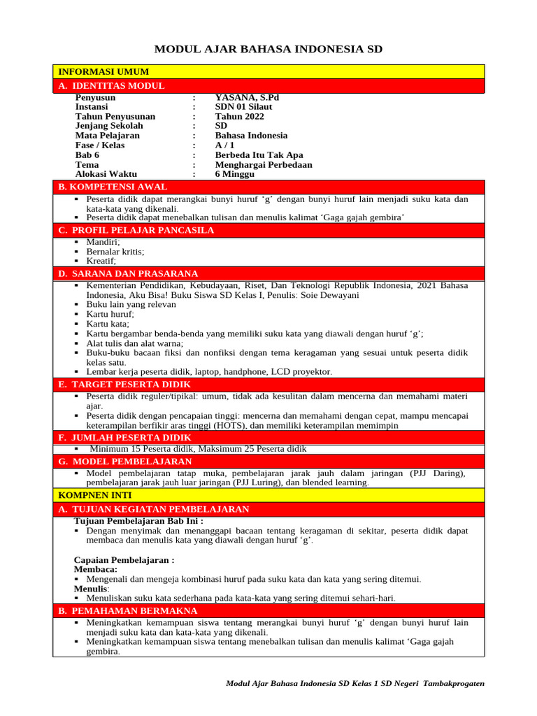 Modul Ajar Bahasa Indonesia Kelas 1 SD | PDF
