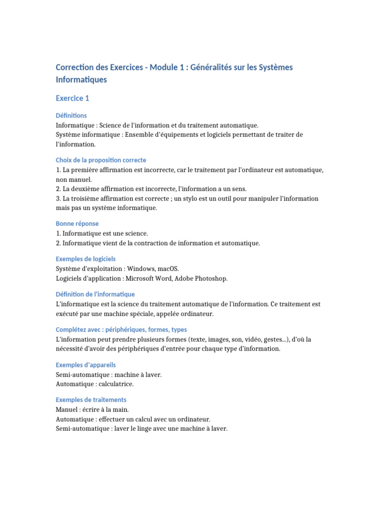 Correction QCM Informatique Module 1 | PDF