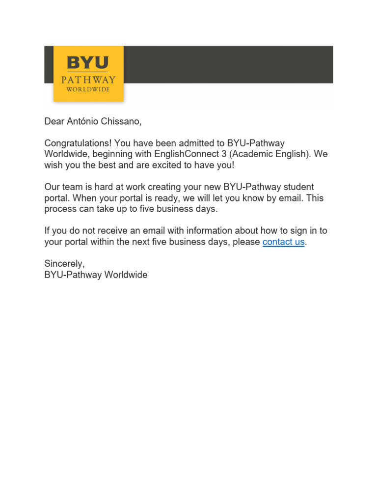 BYU-Pathway Admission Confirmation | PDF