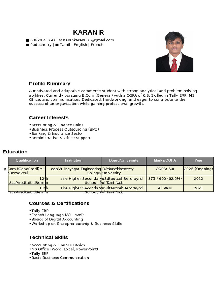 Commerce Student Resume Overview | PDF | Business | Cognition