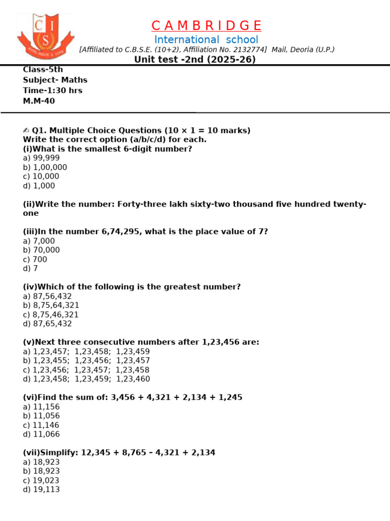 Class 5 Maths Unit Test 2025-26 | PDF