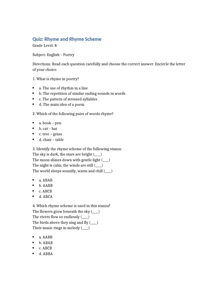 Rhyme and Rhyme Scheme Quiz for 8th Grade | PDF