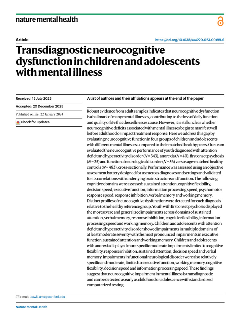Neurocognitive Dysfunction in Youth Mental Illness | PDF | Mental ...