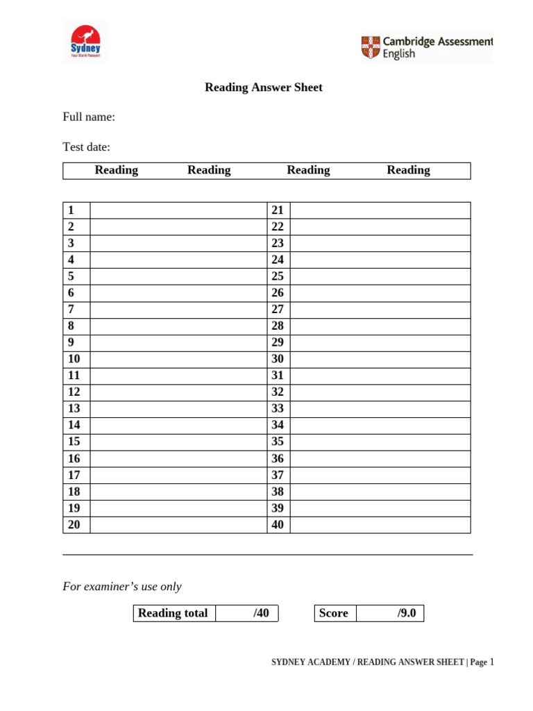 Reading Answer Sheet Template | PDF