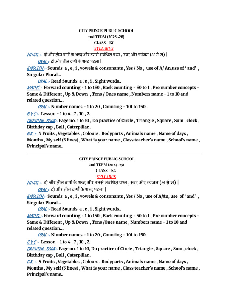 KG 2025-26 Syllabus Overview | PDF