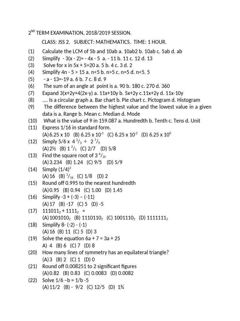 JSS 2 Mathematics Exam Questions | PDF | Mathematics | Science