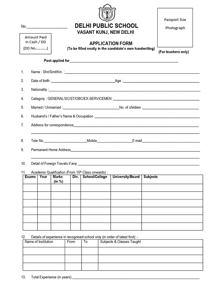 Teacher Application Form - Delhi Public School | PDF