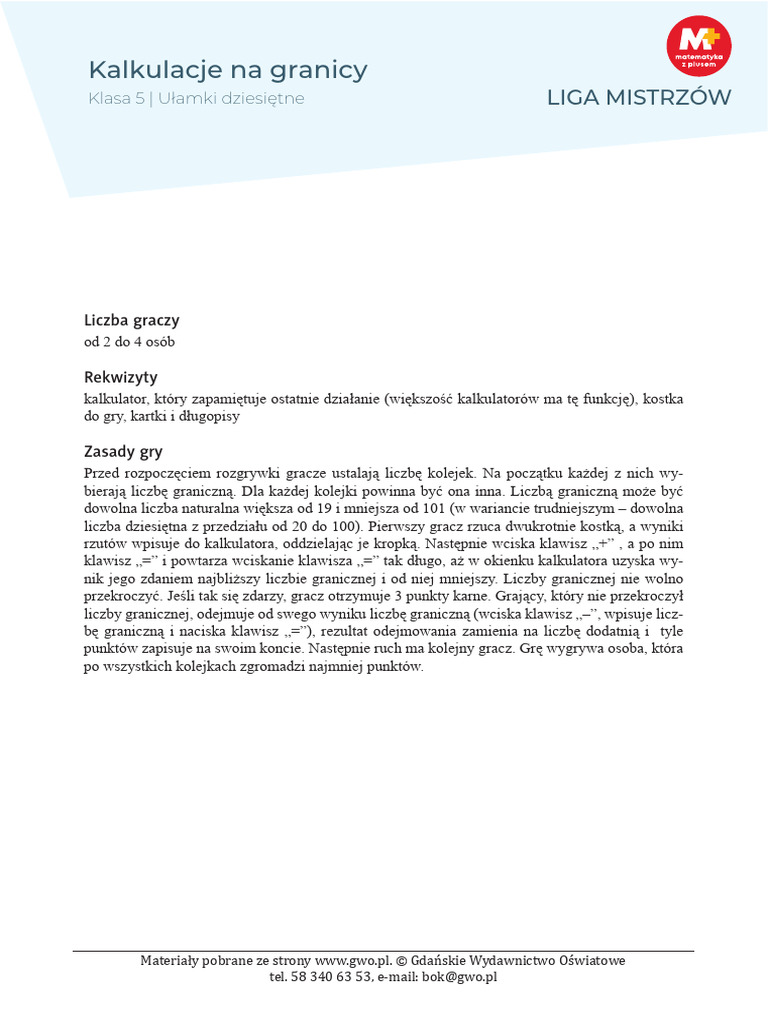 Mat KL 5 Gry Ligi Mistrzow M Kalkulacje Na Granicy PDF | PDF
