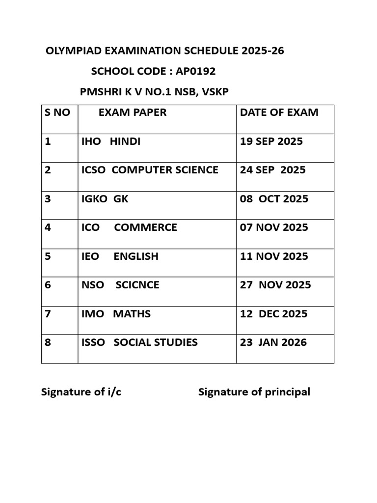 Olympiad Exam Schedule 2025-26 | PDF