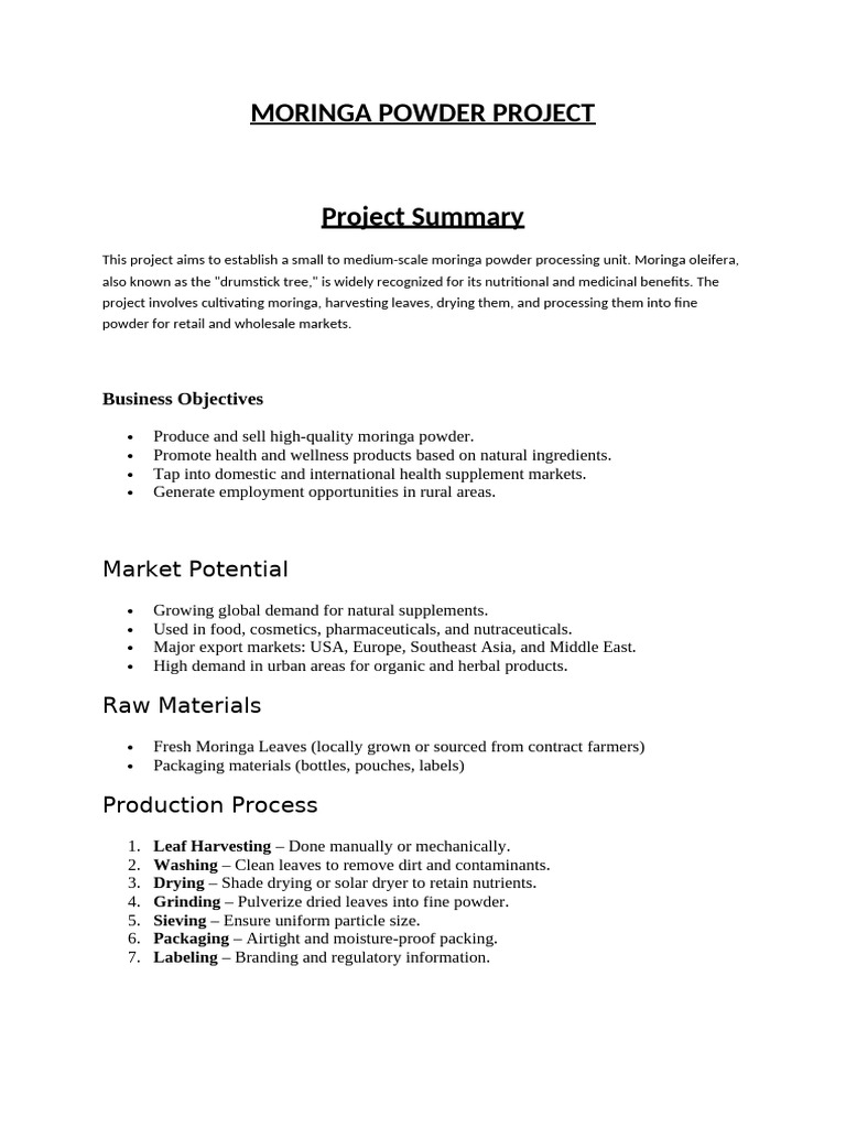 Moringa Powder Production Project Overview | PDF | Agriculture