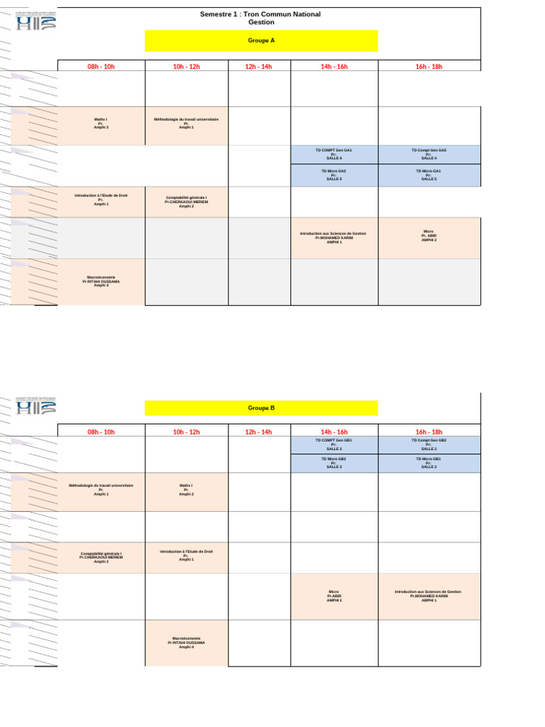 Emploi du temps Semestre 1 Gestion Économie | PDF | Économie | Économie