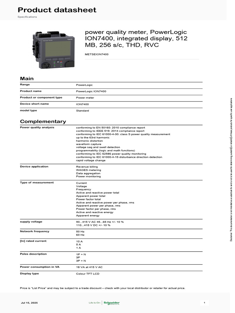 ION7400 Power Quality Meter Datasheet | PDF | Ac Power | Alternating ...
