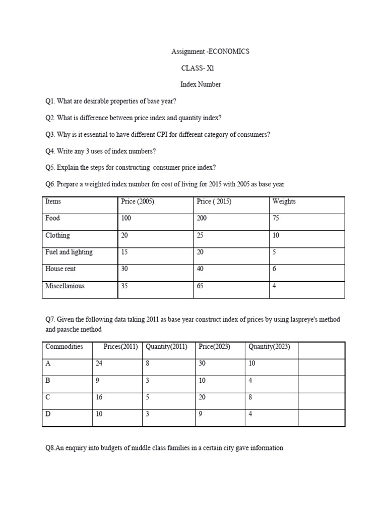 Economics Assignment: Index Numbers Guide | PDF | Cost Of Living ...