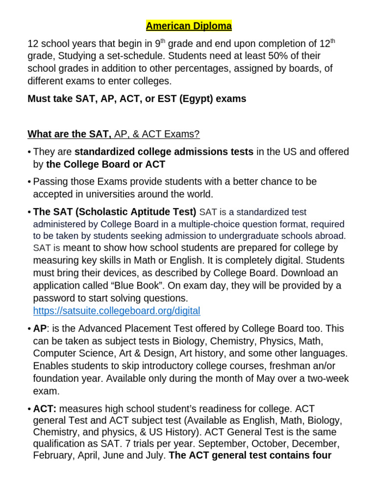 SAT and ACT Exam Requirements in Egypt | PDF | Act (Test) | Sat