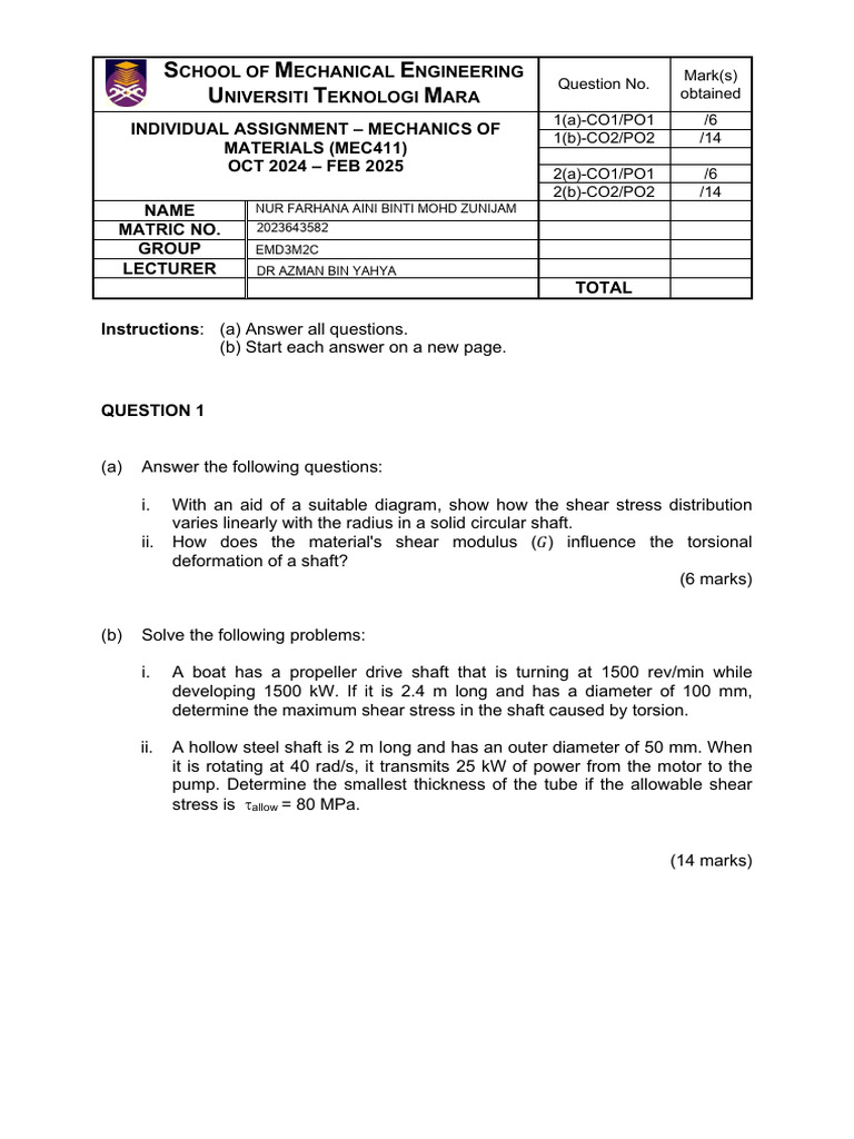 New - Individual Assignment - MEC411 Oct 2024 - Feb 2025 | PDF ...