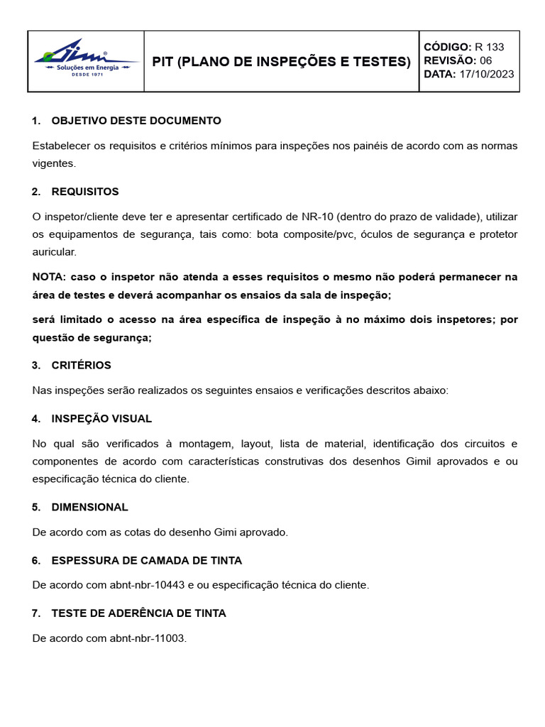 Plano de Inspeções e Testes R 133 | PDF | Tinta | Eletricidade