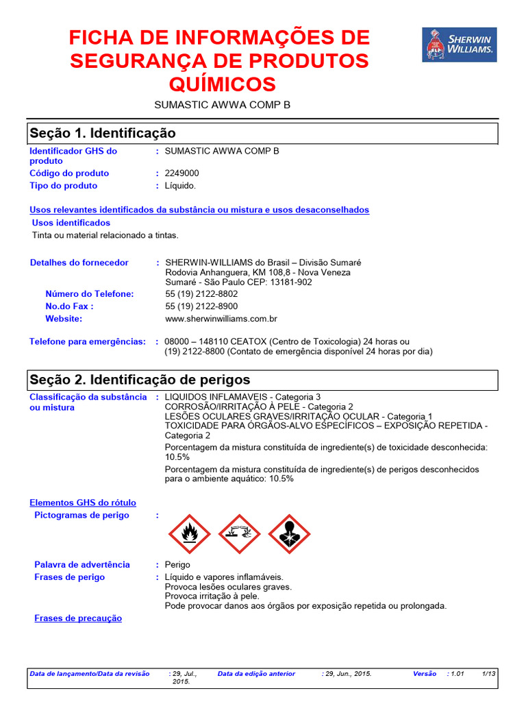 Ficha de Segurança SUMASTIC AWWA COMP B | PDF | Desperdício | Dor