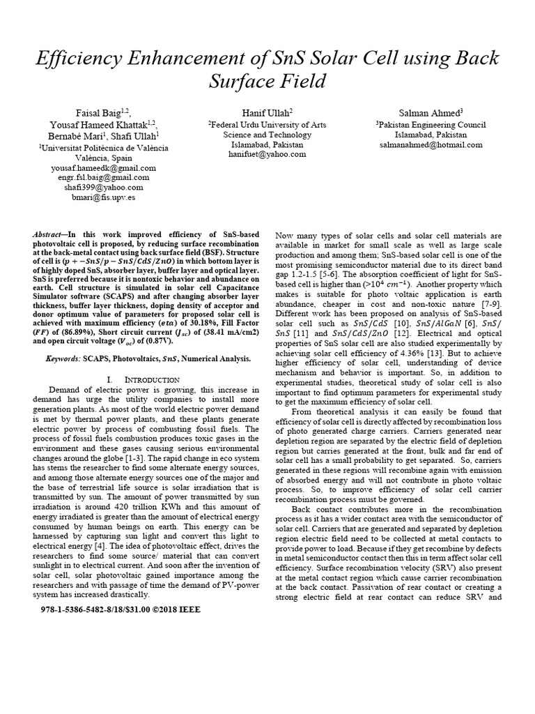 Enhancing SnS Solar Cell Efficiency with BSF | PDF | Solar Cell ...