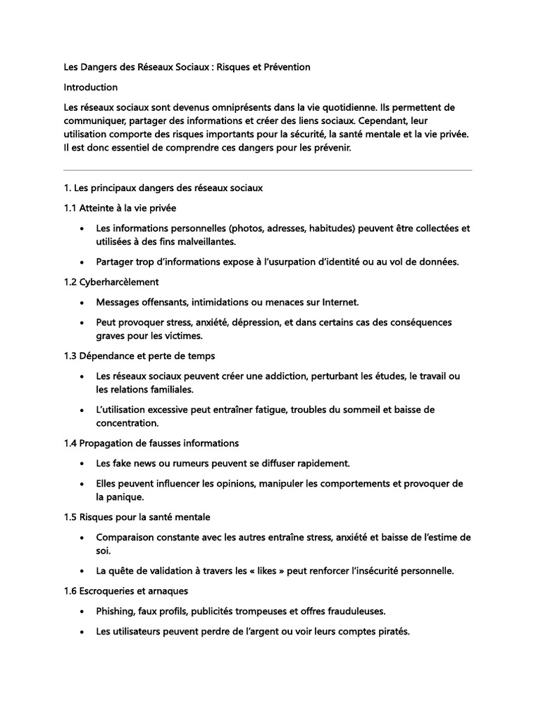 Dangers des Réseaux Sociaux et Prévention | PDF | Cyberharcèlement ...