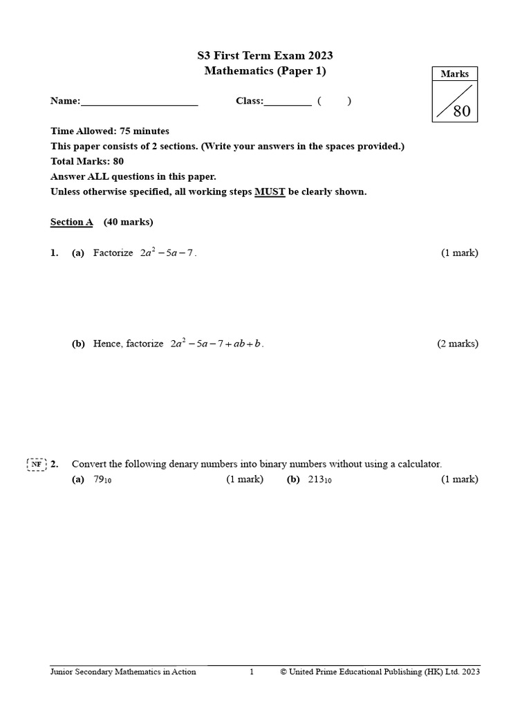 3A First Term Exam PaperI 2023 E | PDF | Mathematics | Number Theory