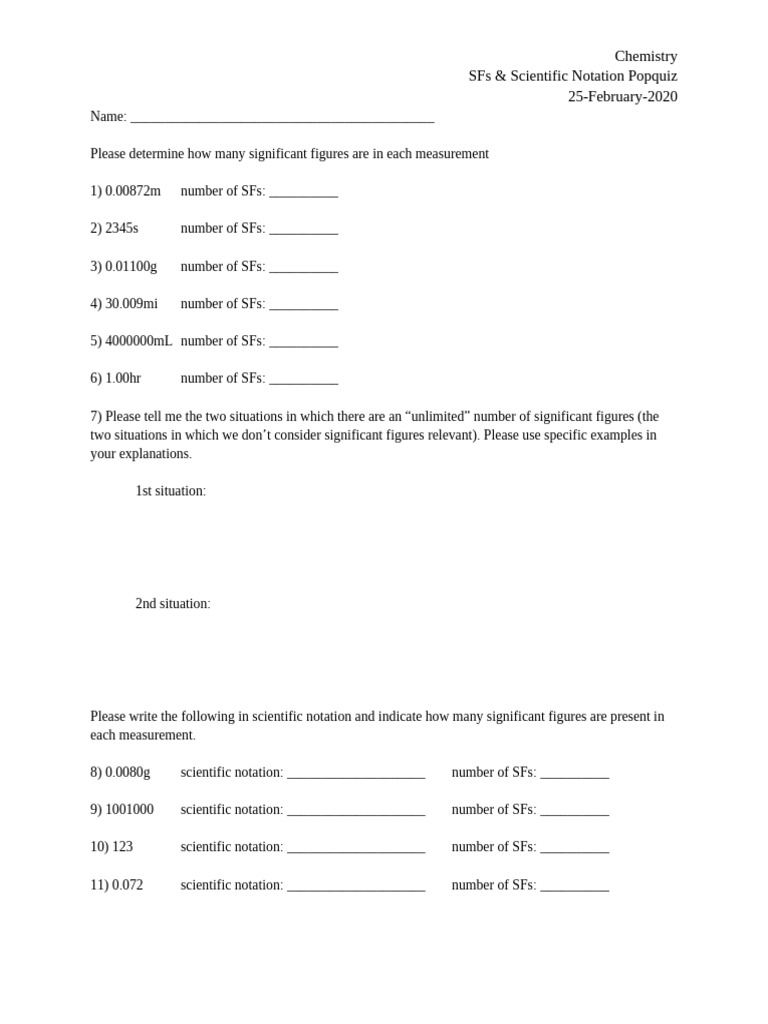 Significant Figures and Scientific Notation Quiz | PDF