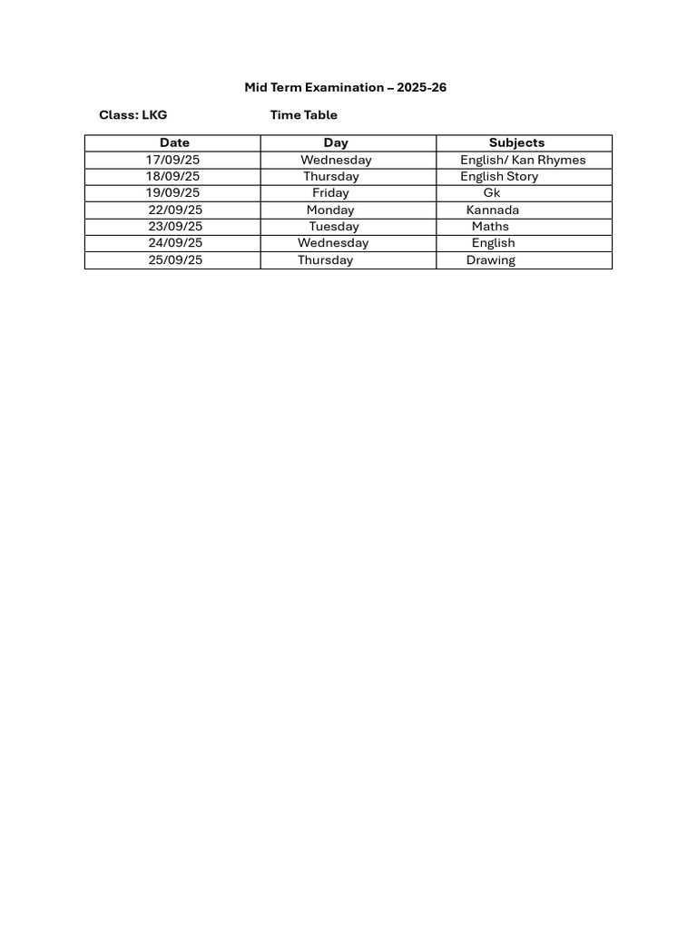 LKG Mid Term Exam Timetable 2025-26 | PDF