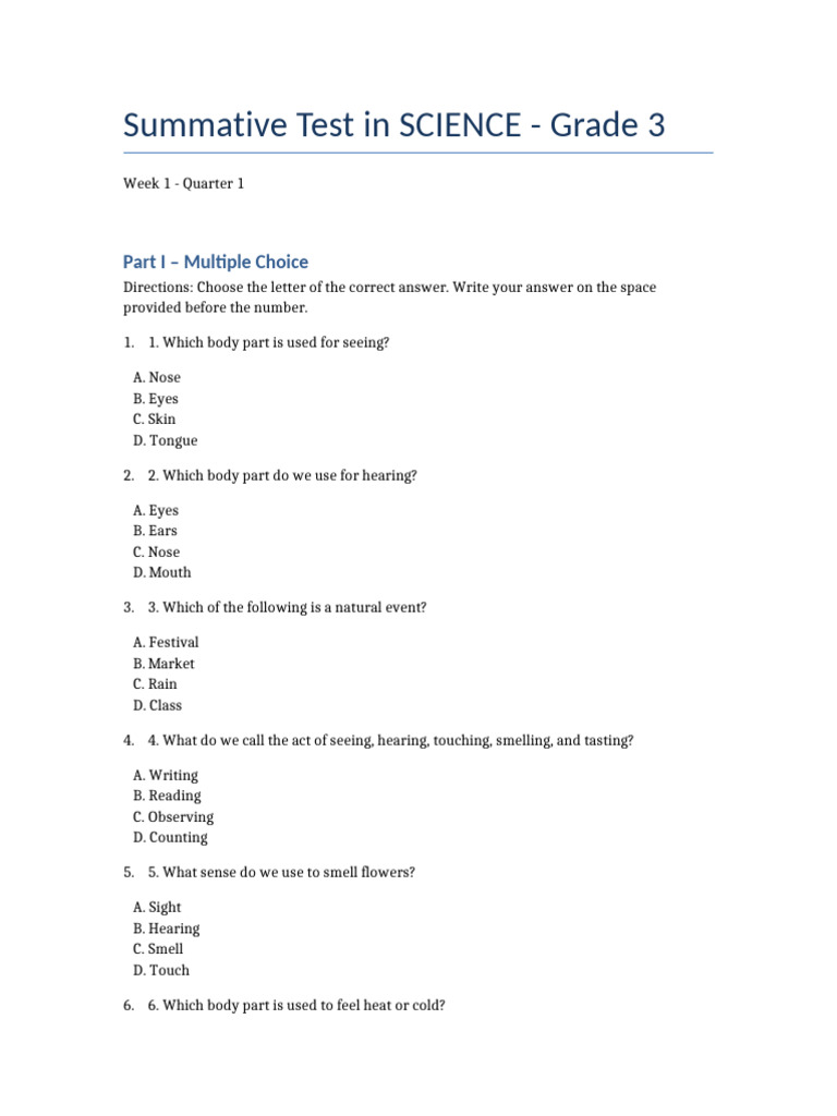Grade 3 Science Summative Test | PDF | Senses
